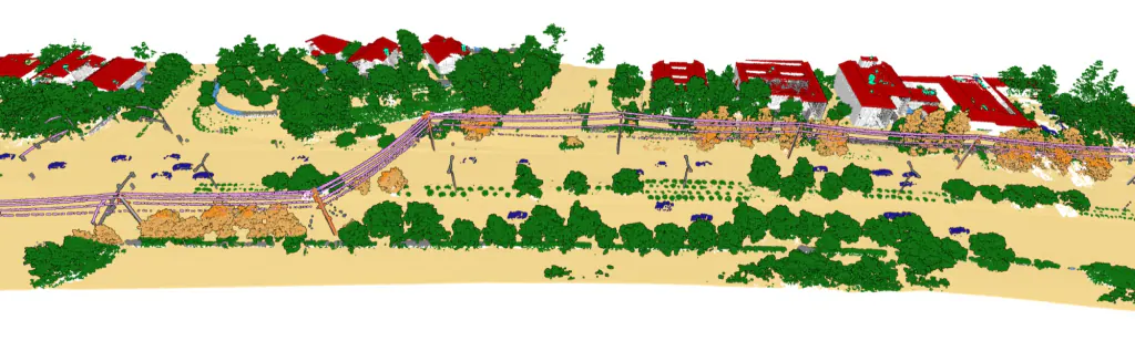 Wide classified MV powerline corridor with road, vegetation and buildings