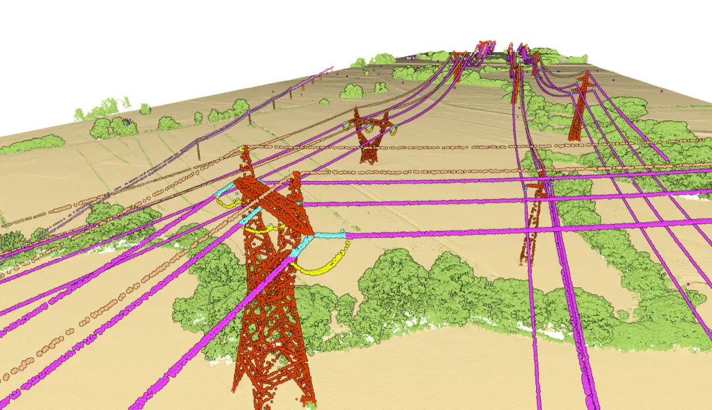 Classified powerline corridor with HV tower and vectorised conductors