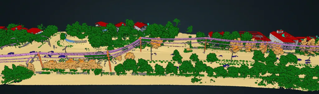 Corridor point cloud with vegetation inside the clearance envelope highlighted against the conductors