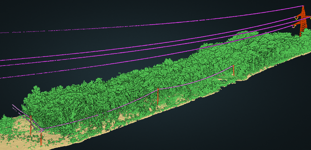 A classified point cloud using FlaiNet. The figure shows the high-voltage and low-voltage lines separately.