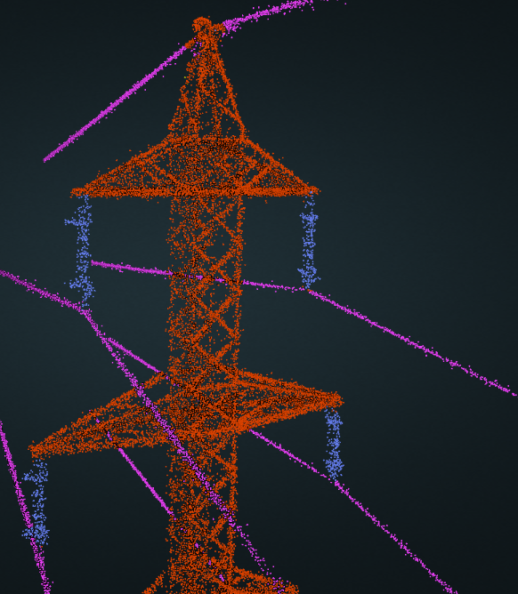 Insulators in blue on a slightly denser point cloud, captured with a UAV.