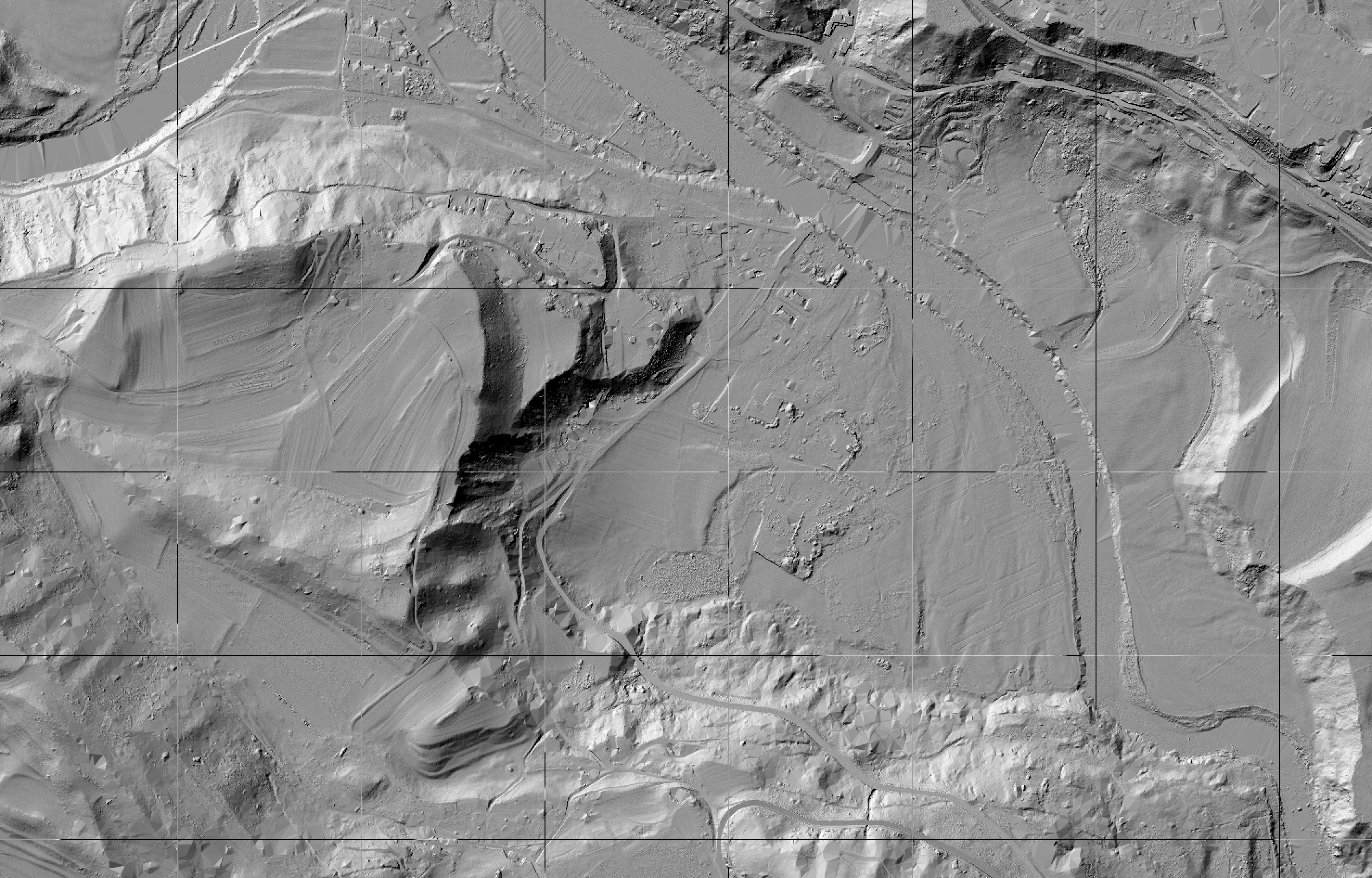 Example of created ground hillshade visualization. Grid lines represent border between files in the dataset where shading operation is not well defined.