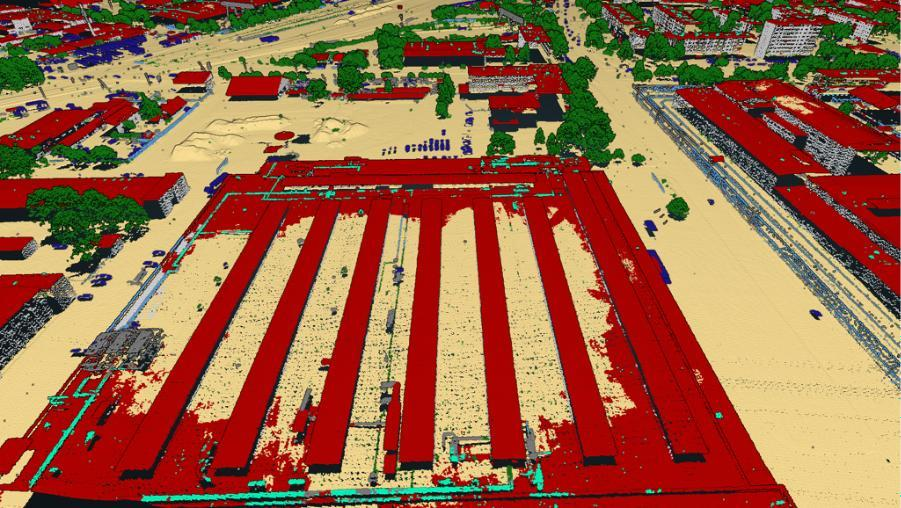 Figure 5: Classification results in a dense urban and industrial area at 810 m AGL show generally accurate labeling in residential neighborhoods, with some misclassification observed on larger buildings and dense hedges.