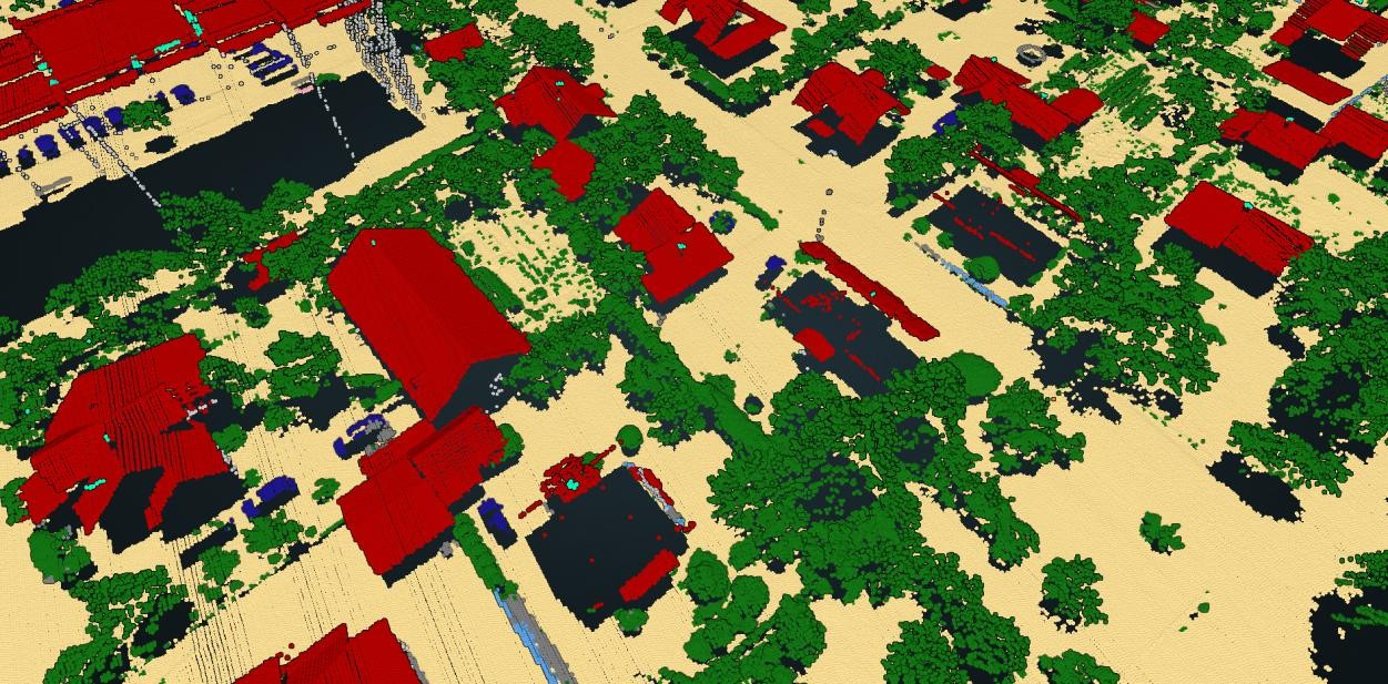 Figure 4: Classification results in a dense urban area, showing strong performance on residential neighborhoods and large structures, accurate classification of buildings near or under vegetation, and successful building detection of low-reflection roofs.