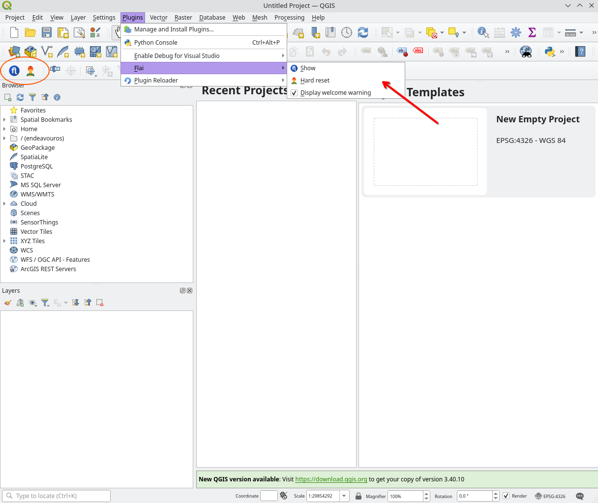 Our buttons can be found on the left side of the QGIS and after clicking Menu > Plugins