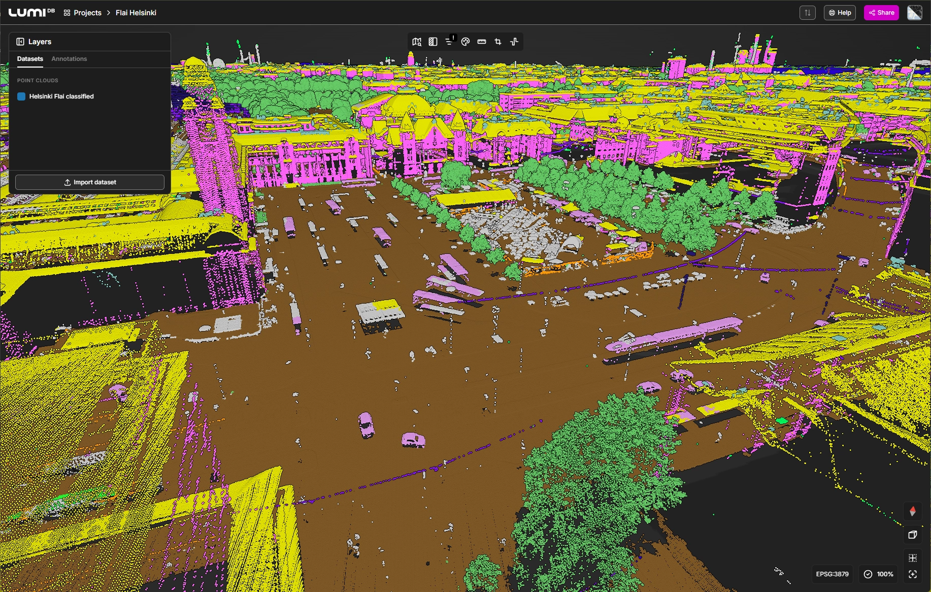 The 2022 LiDAR dataset of the City of Helsinki, classified with a Flai model, streaming in the LumiDB browser viewer