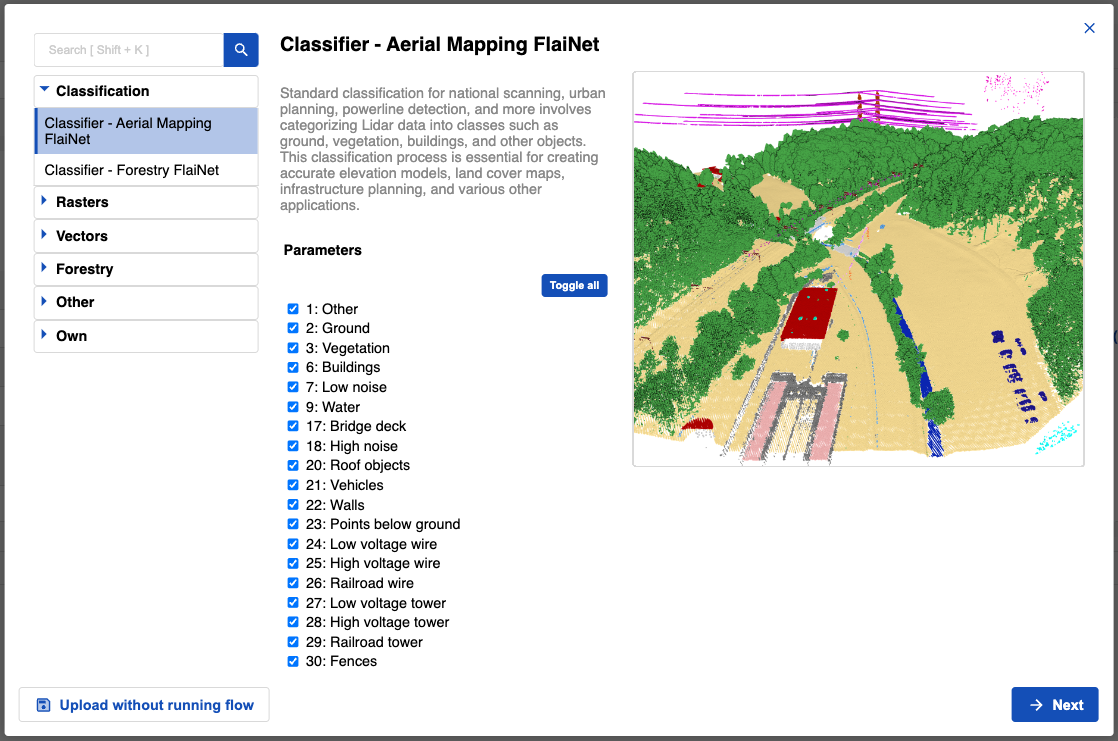Aerial Mapping FlaiNet classifier, capable of classifying points into more then 19 categories.