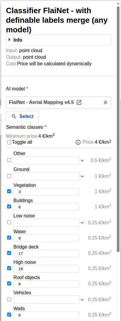 Selected classes with assigned output classification numbers. In this example, Flai Ground is assigned to class 1 (Other).