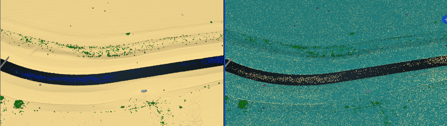 Left: Full Flai classification with detected water (blue points); Right: Classification with conditional remapping, where the original Ground class remains intact.