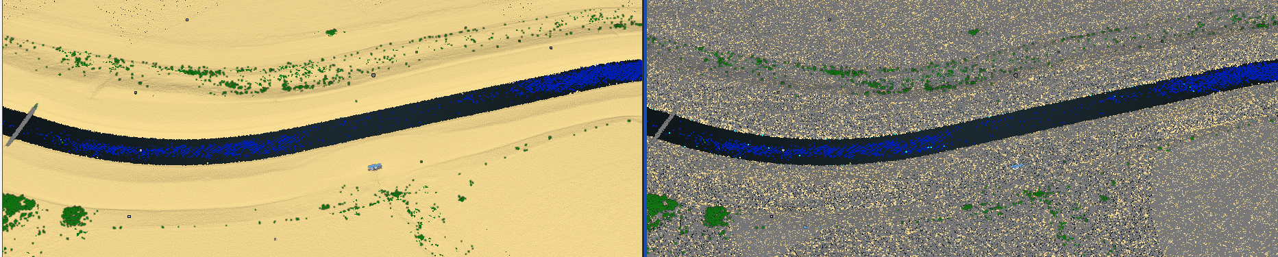 Left the full Flai classification, right the ”advanced”  classification with retaining the original Ground with case to still overwrite the water class over it.