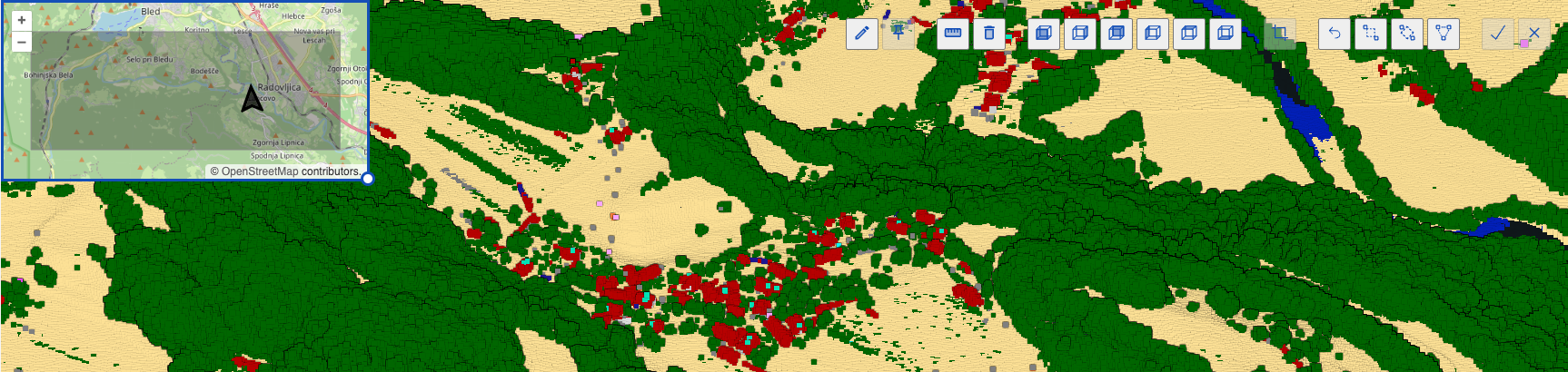 Location mini-map example displaying dataset extension, current location, and viewer direction.