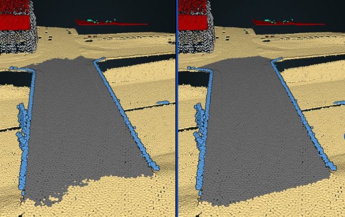 Side-by-side comparison of bridge classification, with irregular boundaries on the left and sharpened boundaries on the right