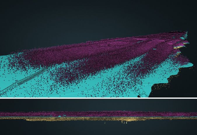 LiDAR strip with automatically classified noise points, high noise in red and purple, low noise in yellow