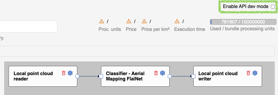 Flow for local Aerial classification process. Enable API dev mode by selecting the option in the green rectangle.