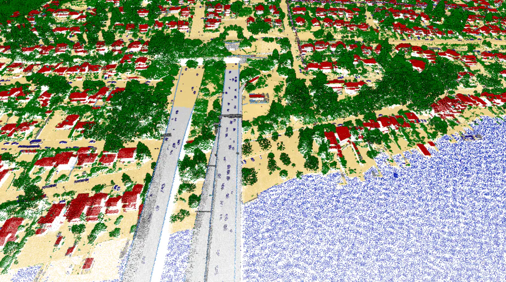 Classified LiDAR point cloud with buildings, vegetation and infrastructure