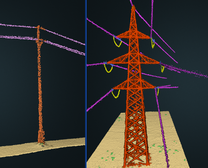 Showing a classified point cloud. The left image shows the point cloud of a low voltage tower. The right image shows a high-voltage object - high-voltage tower. The point cloud was acquired by a UAV.