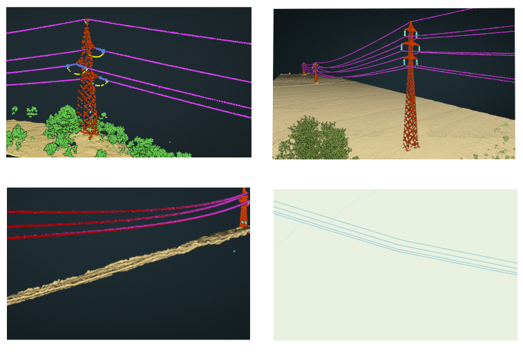 The image shows four different visualizations of powerline flow results. The top two images display point cloud classification. The bottom-left image shows linear wire vectors fitted to the classified point cloud representing the wires. The bottom-right image presents a 2D view of the wire vectors.