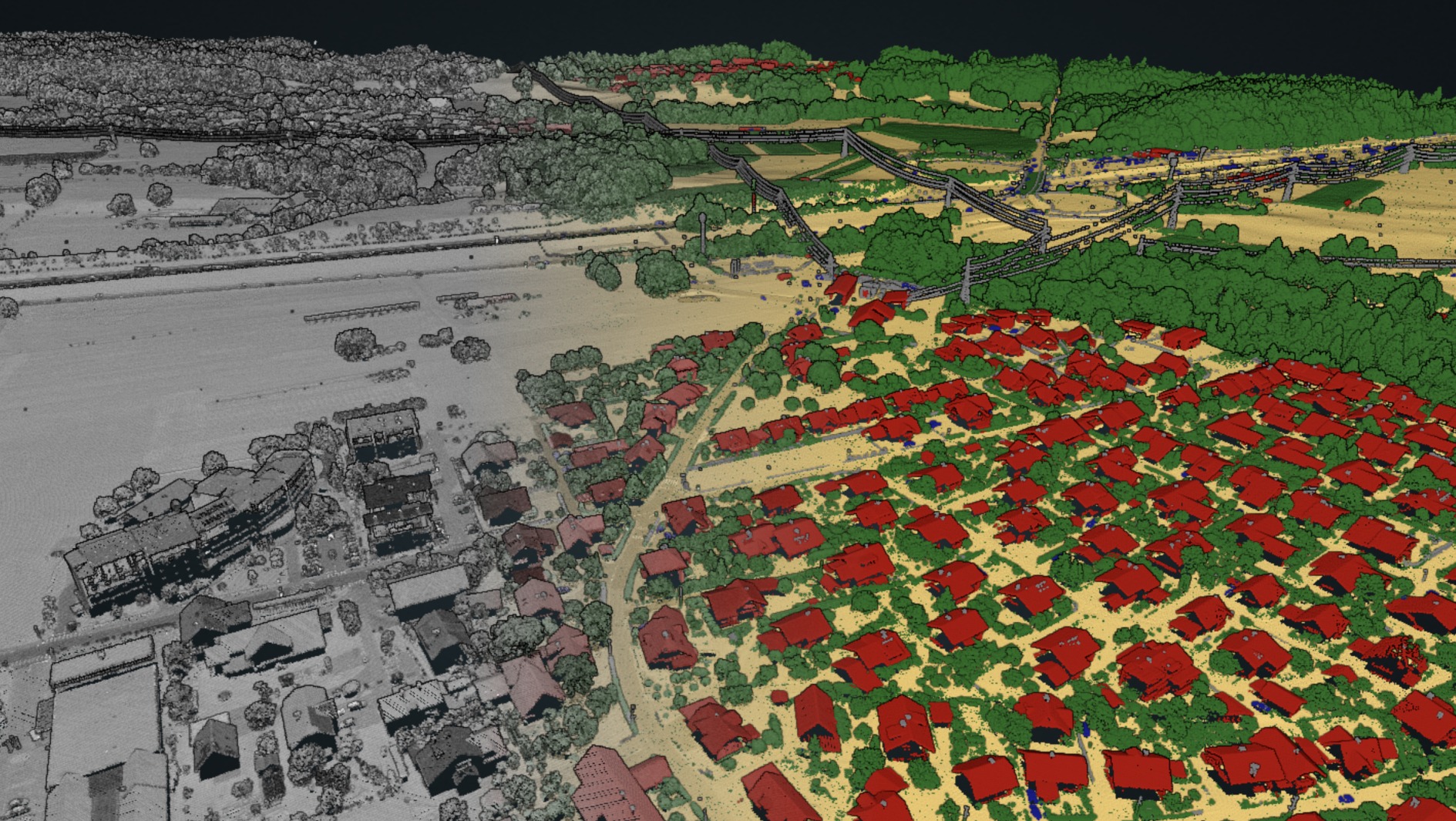Demonstration of point cloud classification using the Flai web application tool. In this example, the Aerial Mapping Classifier was applied to a 3D point cloud. The classifier automatically labeled individual points based on their semantic class—such as buildings, vegetation, roads, and other surface types—directly within the browser-based interface.